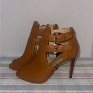 Michael Kors Tan Buckle Cutout High Heel Booties